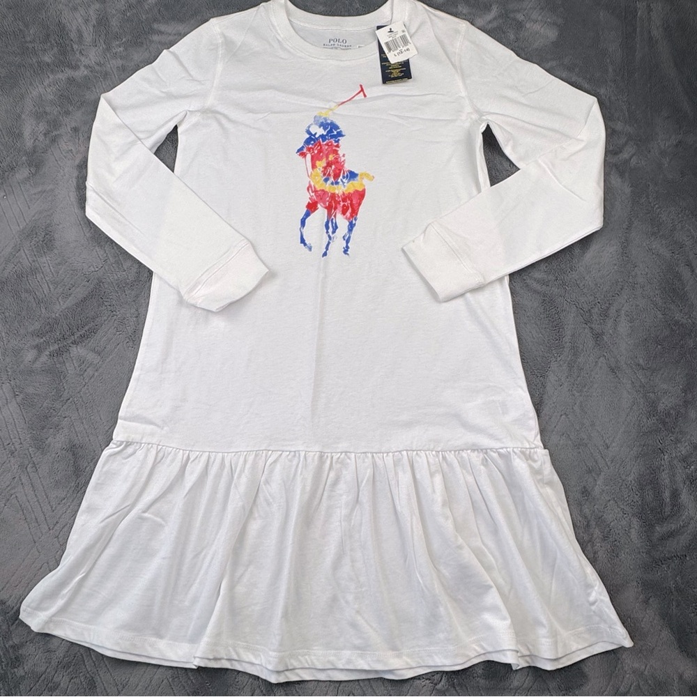 POLO NWT Big Pony tie dye logo Drop waist T shirt dress. Cotton Girls size 12-14